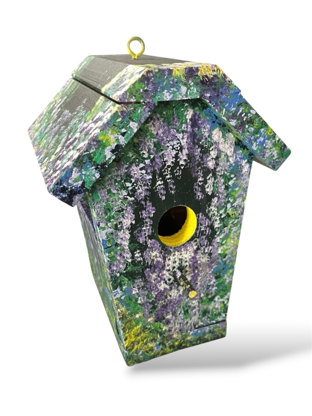 Unique Hand-Painted Floral Wooden Birdhouse - Multi-Color Green & Purple NWT